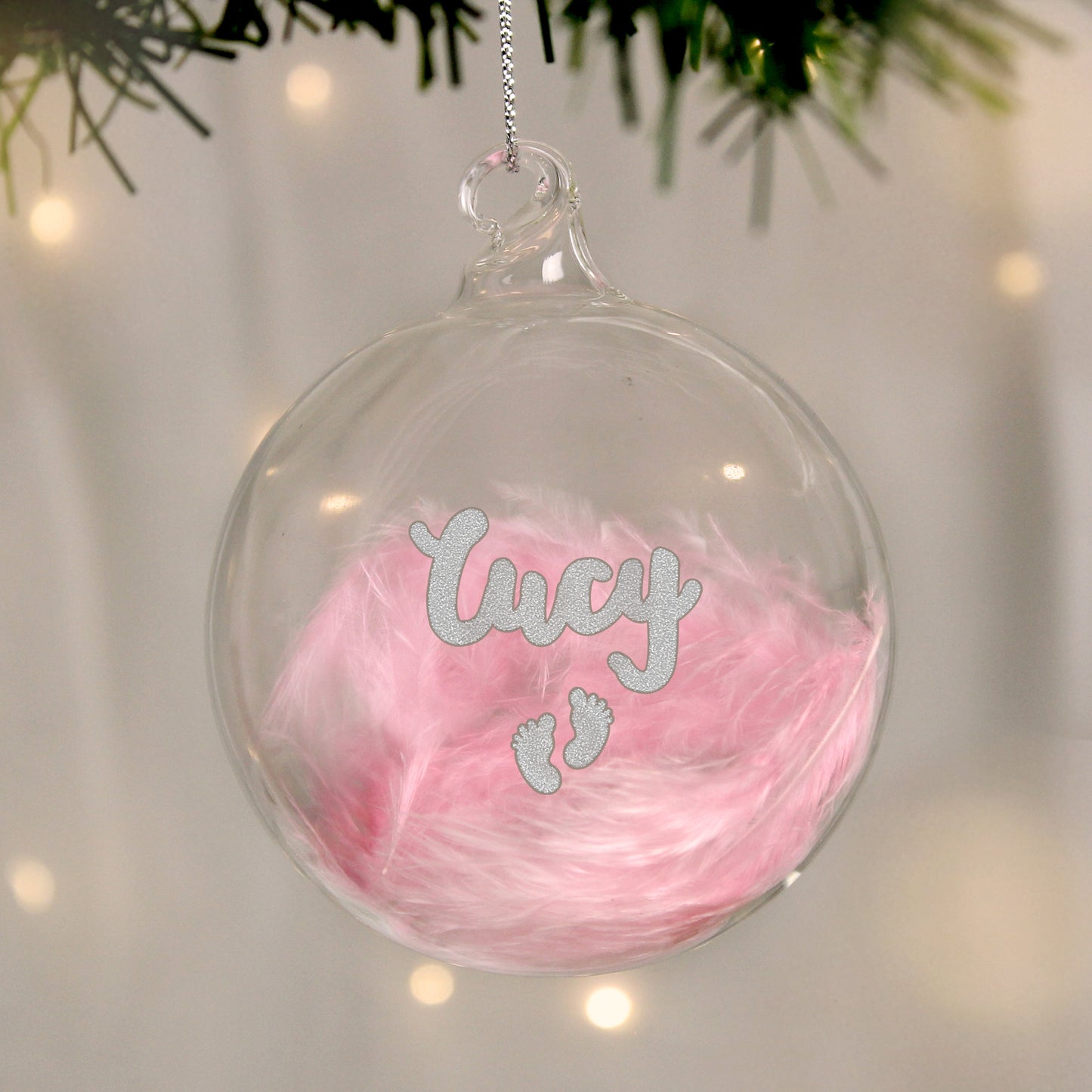 Personalised Pink Feather Silver Footprints Glass Bauble - MK&JD Gifts