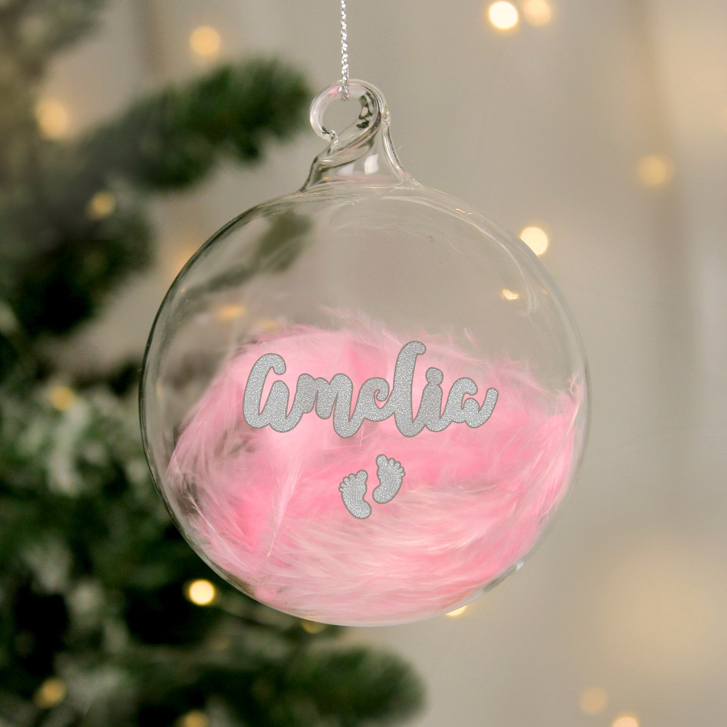 Personalised Pink Feather Silver Footprints Glass Bauble - MK&JD Gifts