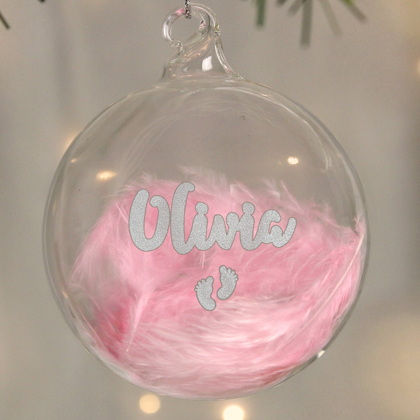 Personalised Pink Feather Silver Footprints Glass Bauble - MK&JD Gifts
