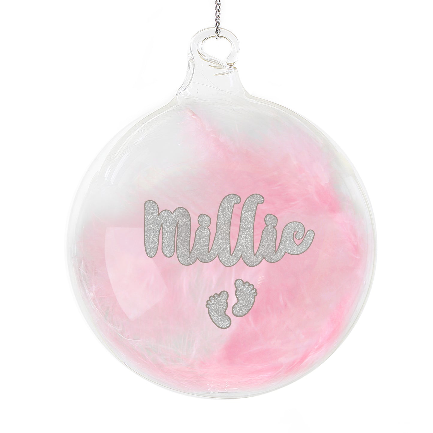 Personalised Pink Feather Silver Footprints Glass Bauble - MK&JD Gifts