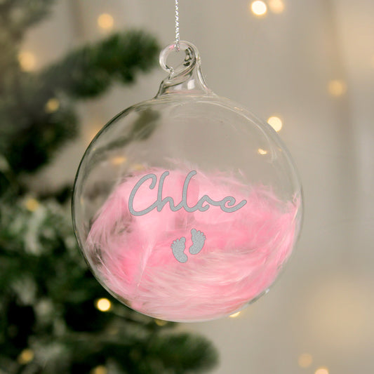 Personalised Pink Feather Silver Footprints Glass Bauble - MK&JD Gifts