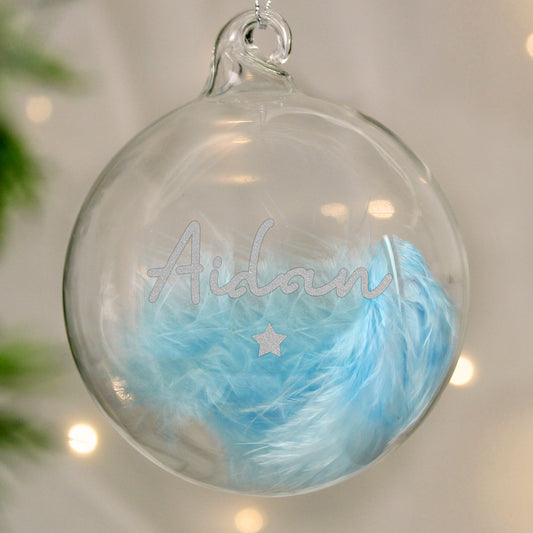 Personalised Blue Feather Silver Star Glass Bauble - MK&JD Gifts
