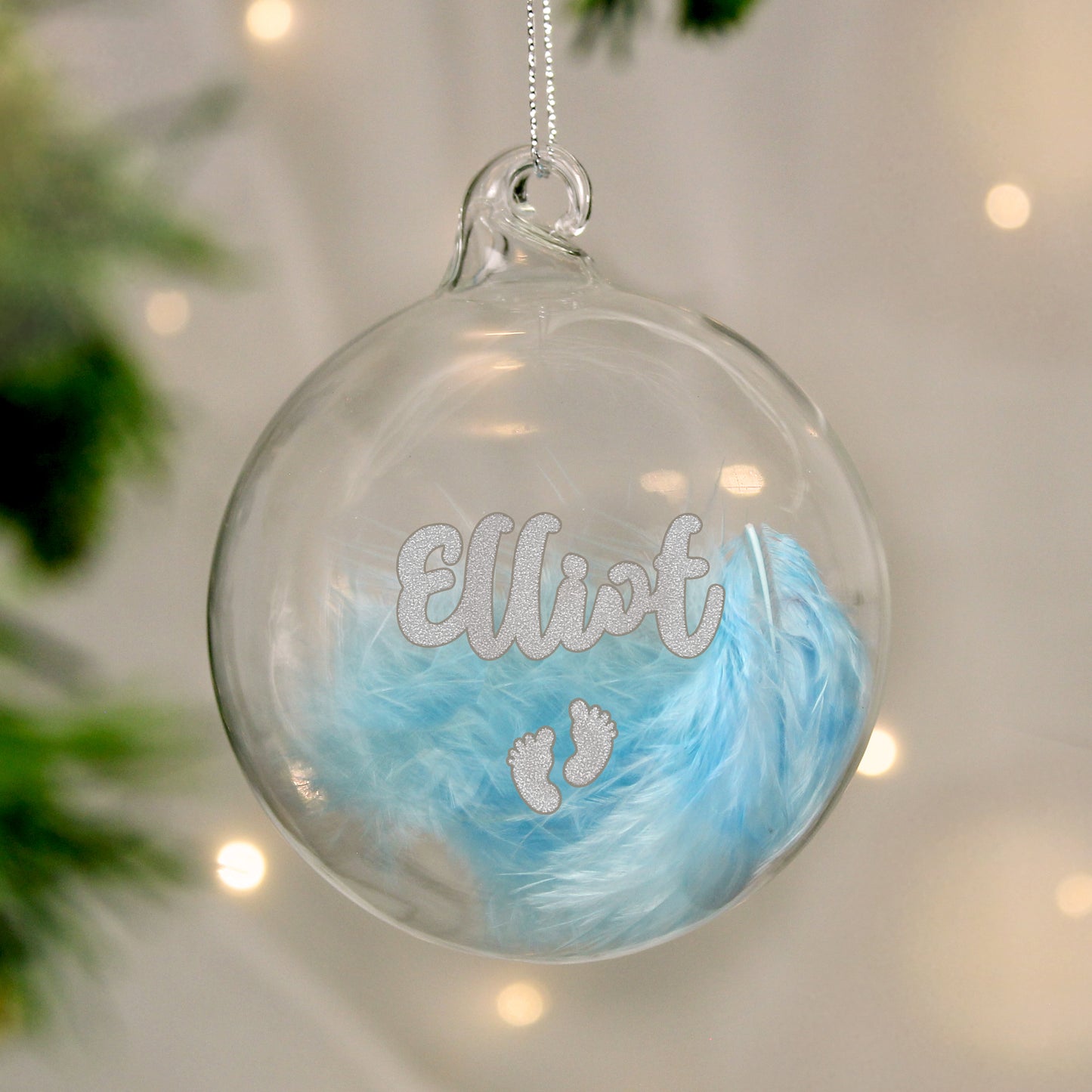 Personalised Blue Feather Silver Footprints Glass Bauble - MK&JD Gifts