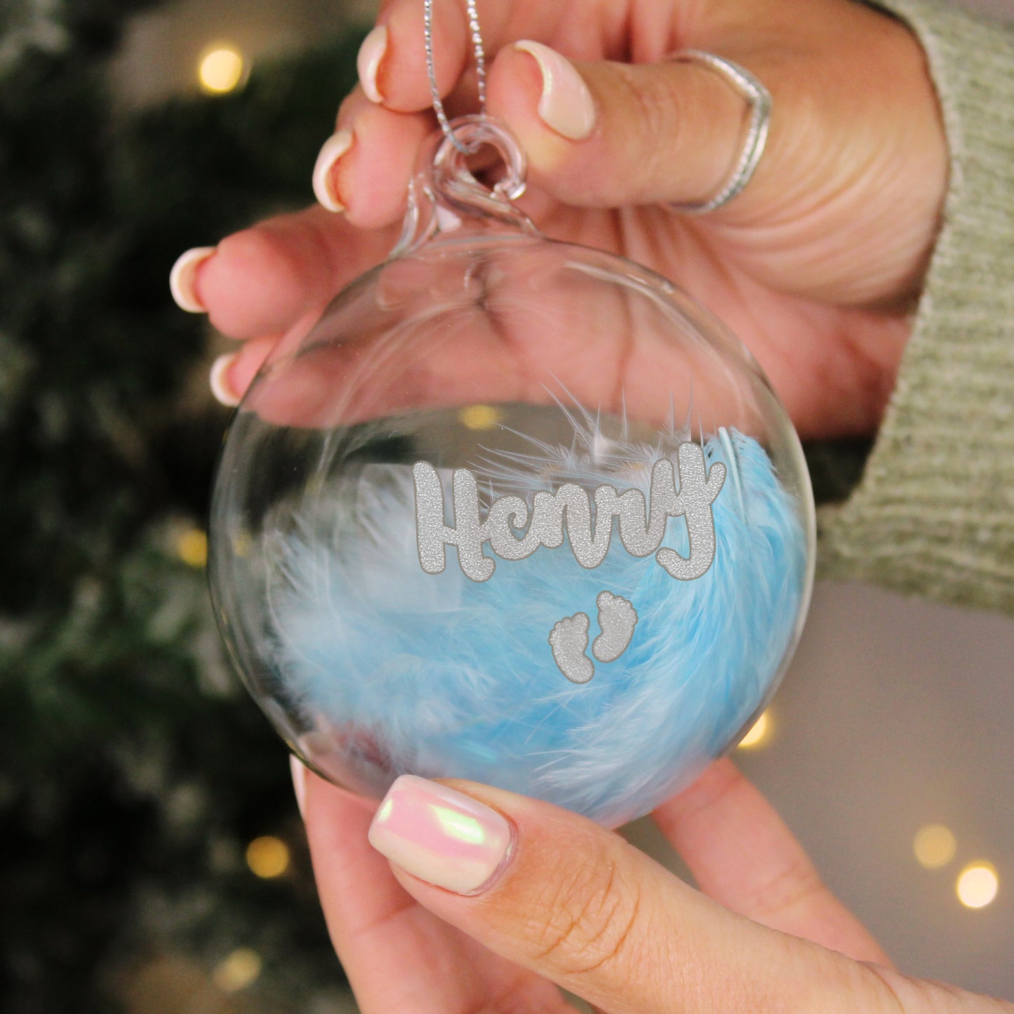 Personalised Blue Feather Silver Footprints Glass Bauble - MK&JD Gifts