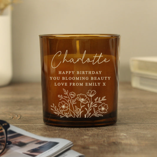 Personalised Wild Flowers Amber Glass Candle - MK&JD Gifts