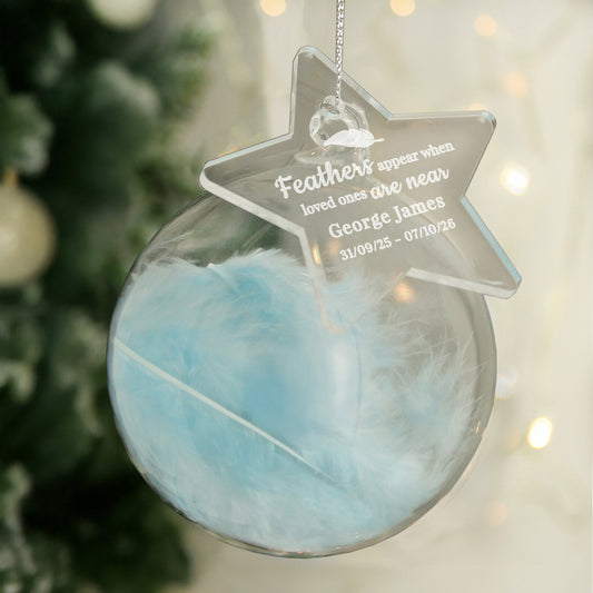 Personalised Blue Memorial Feather Bauble - MK&JD Gifts
