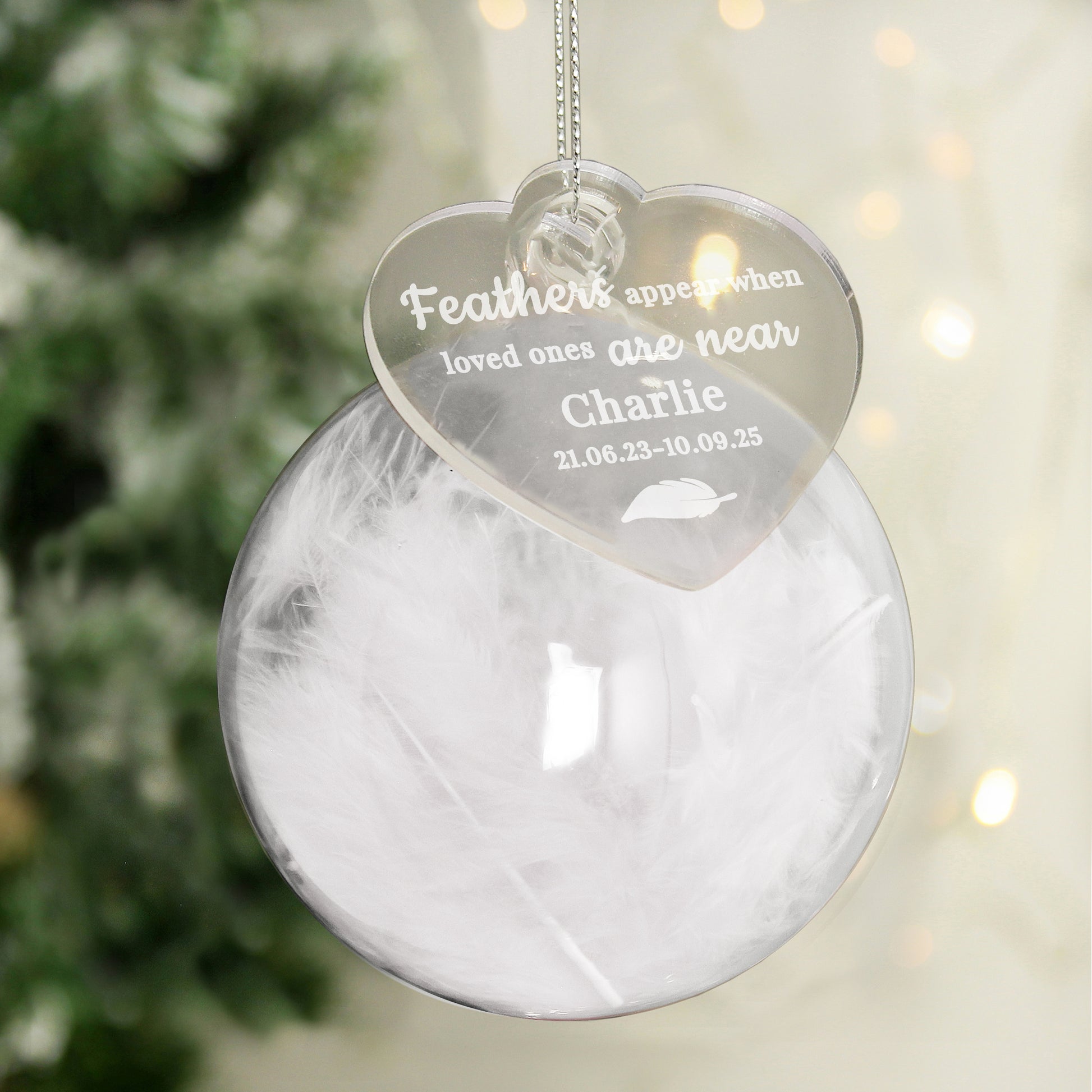 Personalised White Memorial Feather Bauble - MK&JD Gifts