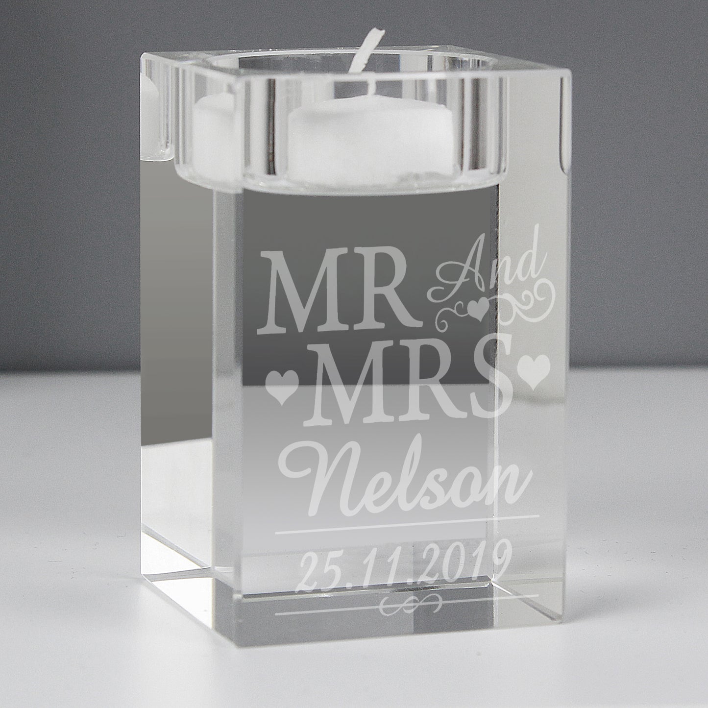 Personalised Mr & Mrs Glass Tea Light Candle Holder - MK&JD Gifts