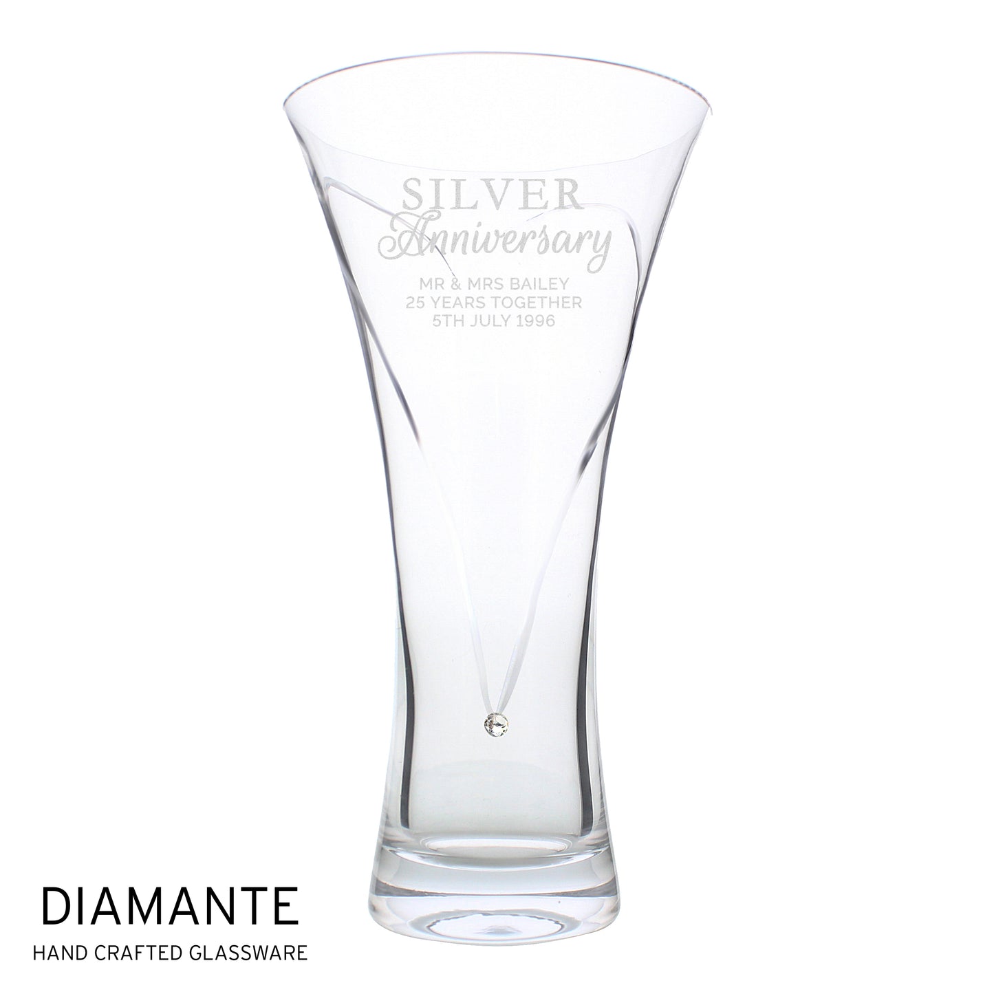 Personalised Silver Anniversary Large Hand Cut Diamante Heart Vase - MK&JD Gifts