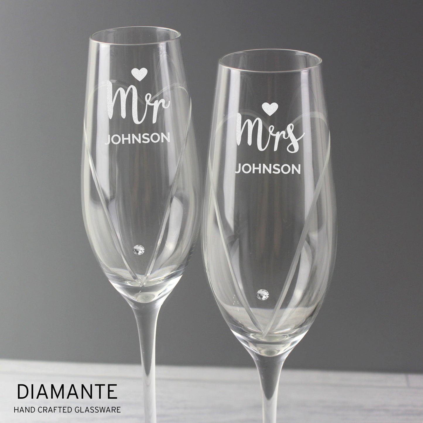 Personalised Hand Cut Mr & Mrs Pair of Flutes in Gift Box - MK&JD Gifts