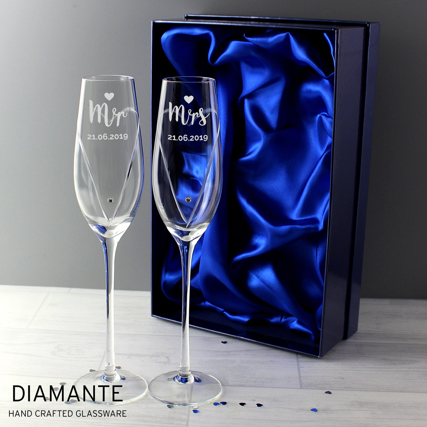 Personalised Hand Cut Mr & Mrs Pair of Flutes in Gift Box - MK&JD Gifts