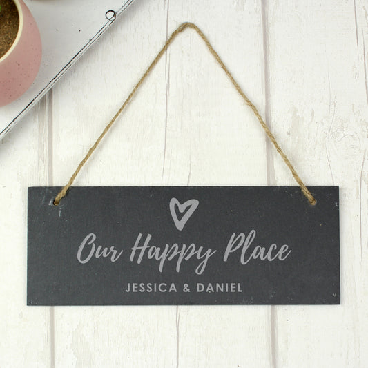 Personalised Our Happy Place Hanging Slate Plaque - MK&JD Gifts