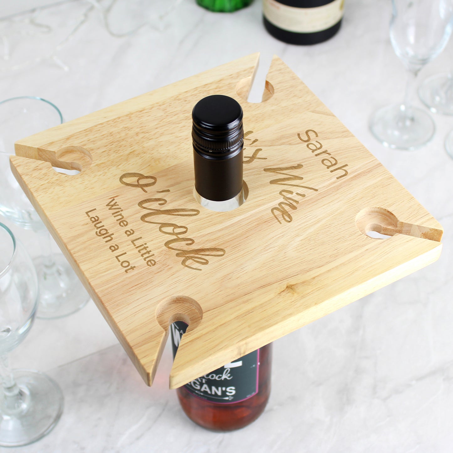 Personalised Wine O'clock Four Wine Glass Holder & Bottle Holder - MK&JD Gifts