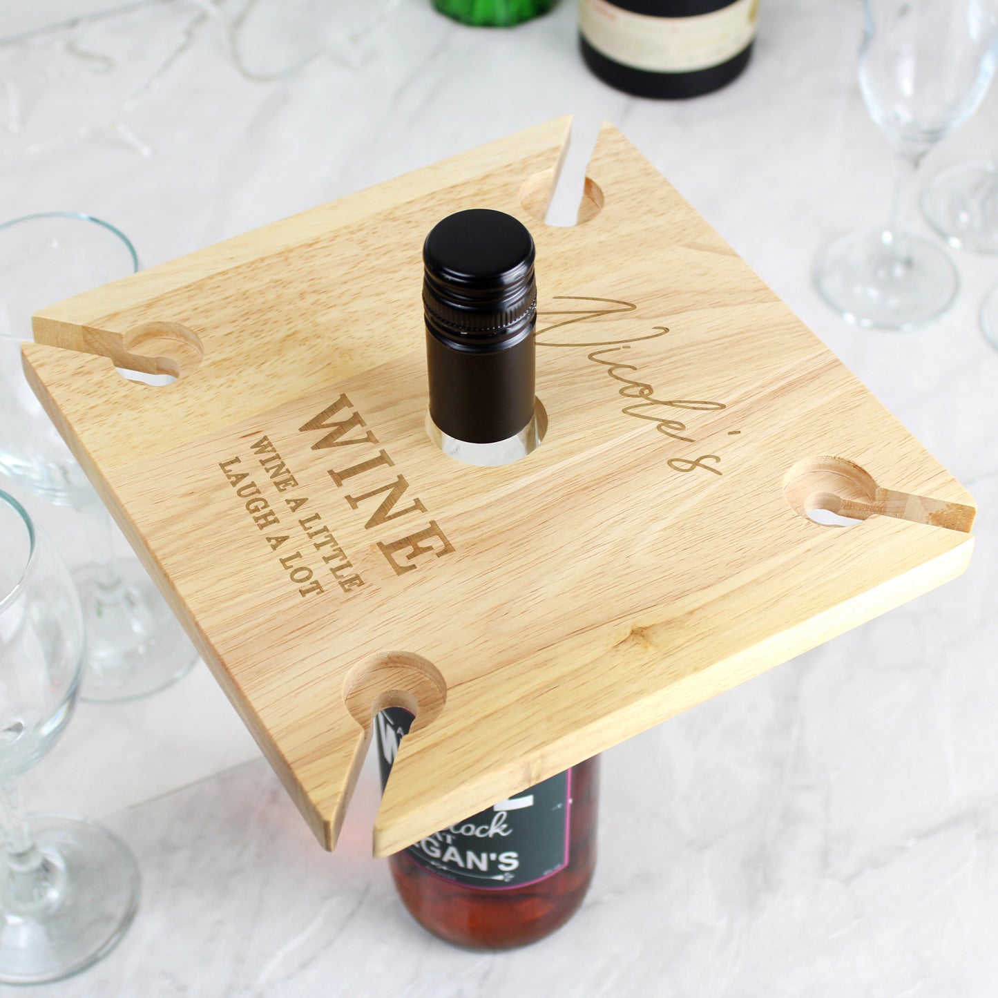 Personalised Free Text Four Wine Glass Holder & Bottle Holder - MK&JD Gifts