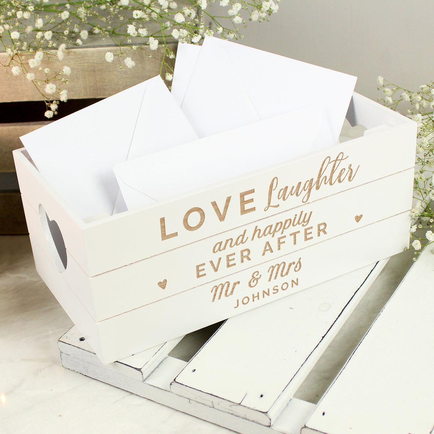 Personalised Love Laughter & ... White Wooden Crate - MK&JD Gifts