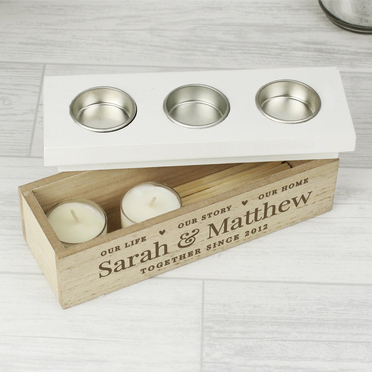 Personalised Our Life Story & Home Triple Tea Light Box - MK&JD Gifts