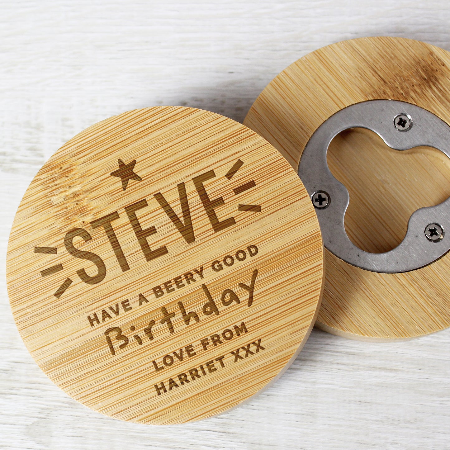 Personalised Star Bamboo Bottle Opener Coaster - MK&JD Gifts