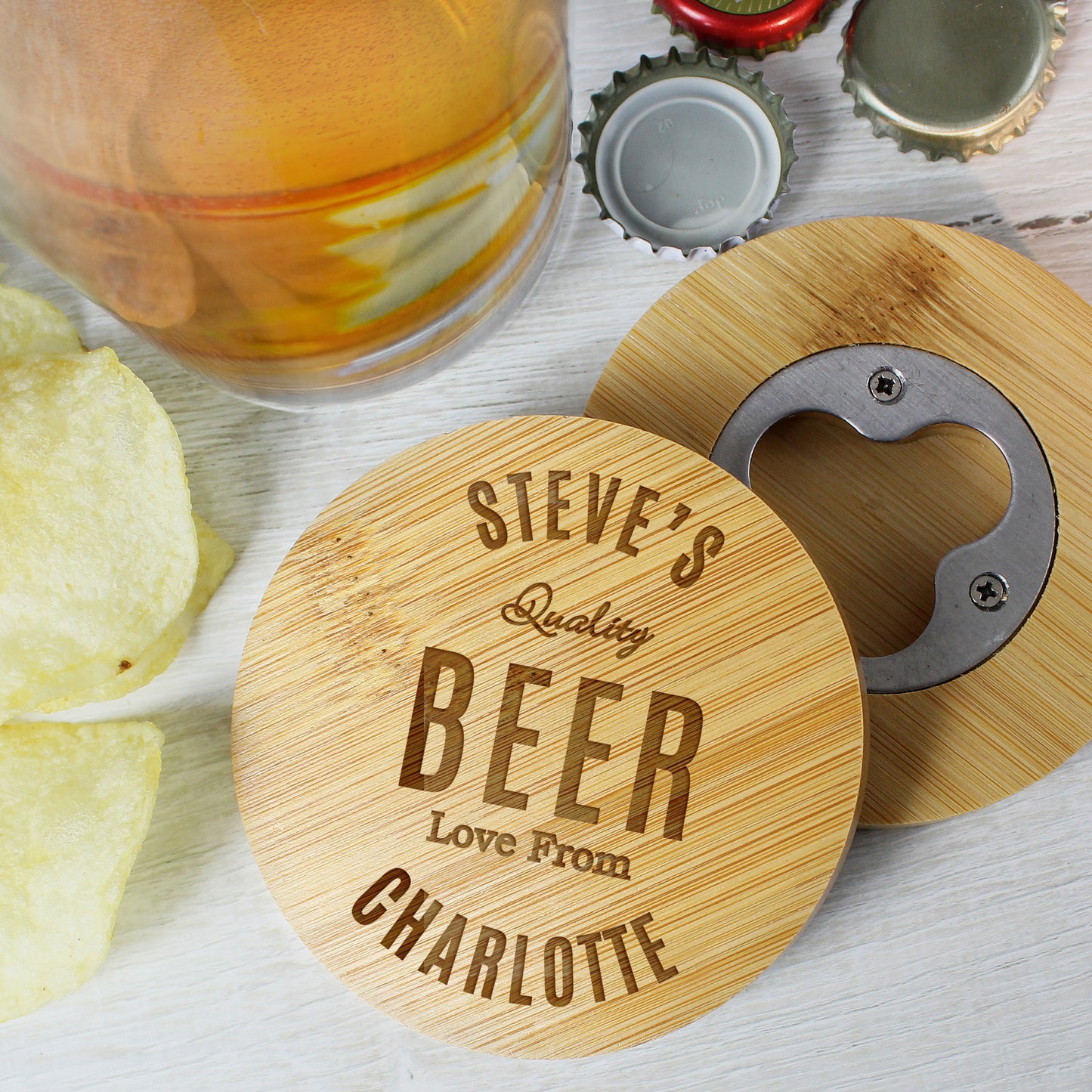 Personalised Free Text Bamboo Bottle Opener Coaster - MK&JD Gifts