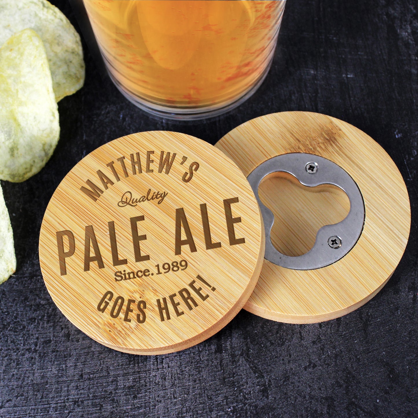 Personalised Free Text Bamboo Bottle Opener Coaster - MK&JD Gifts