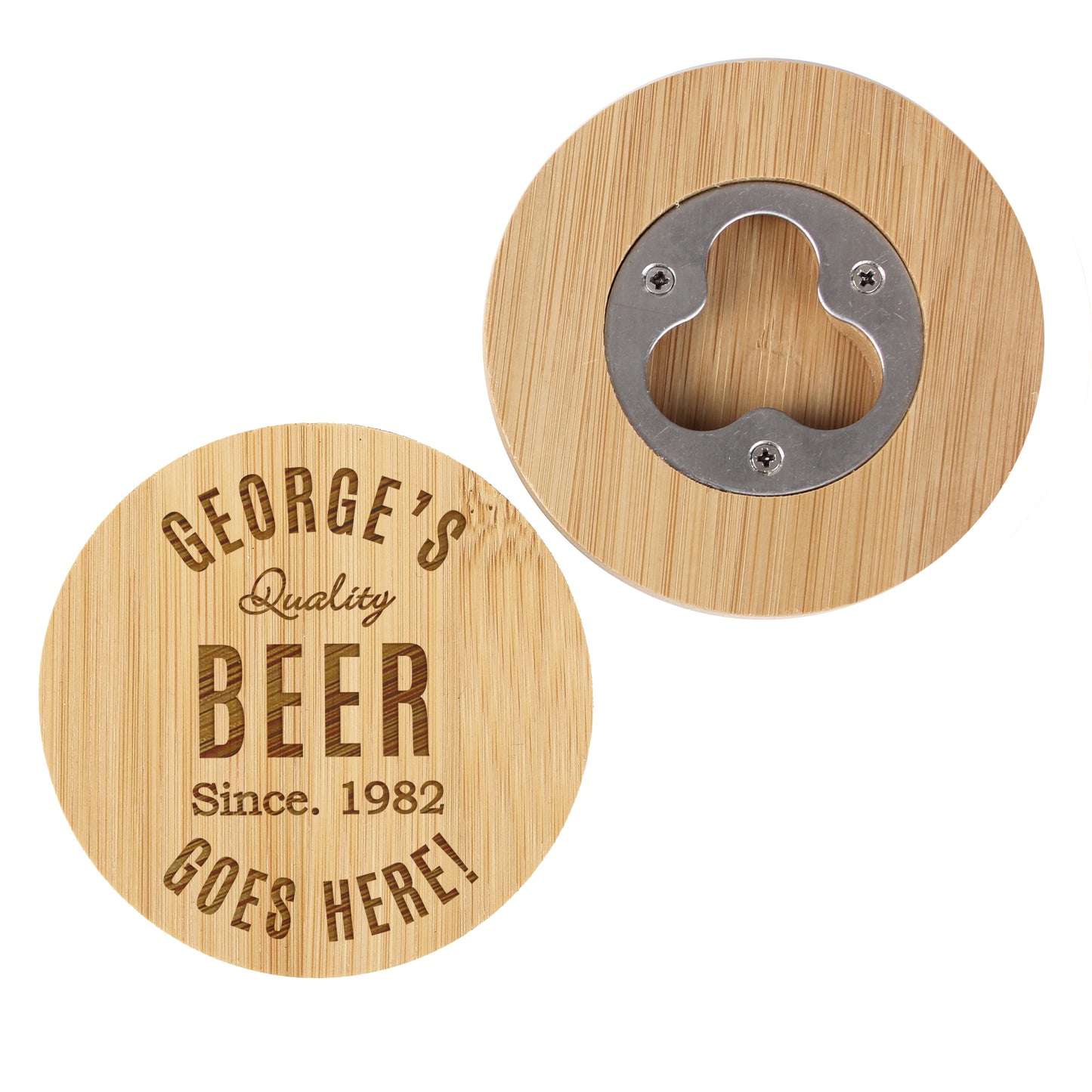 Personalised Free Text Bamboo Bottle Opener Coaster - MK&JD Gifts