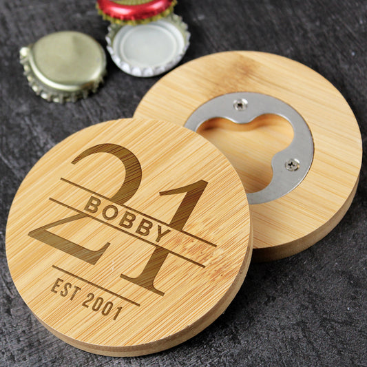 Personalised Big Age Bamboo Bottle Opener Coaster - MK&JD Gifts