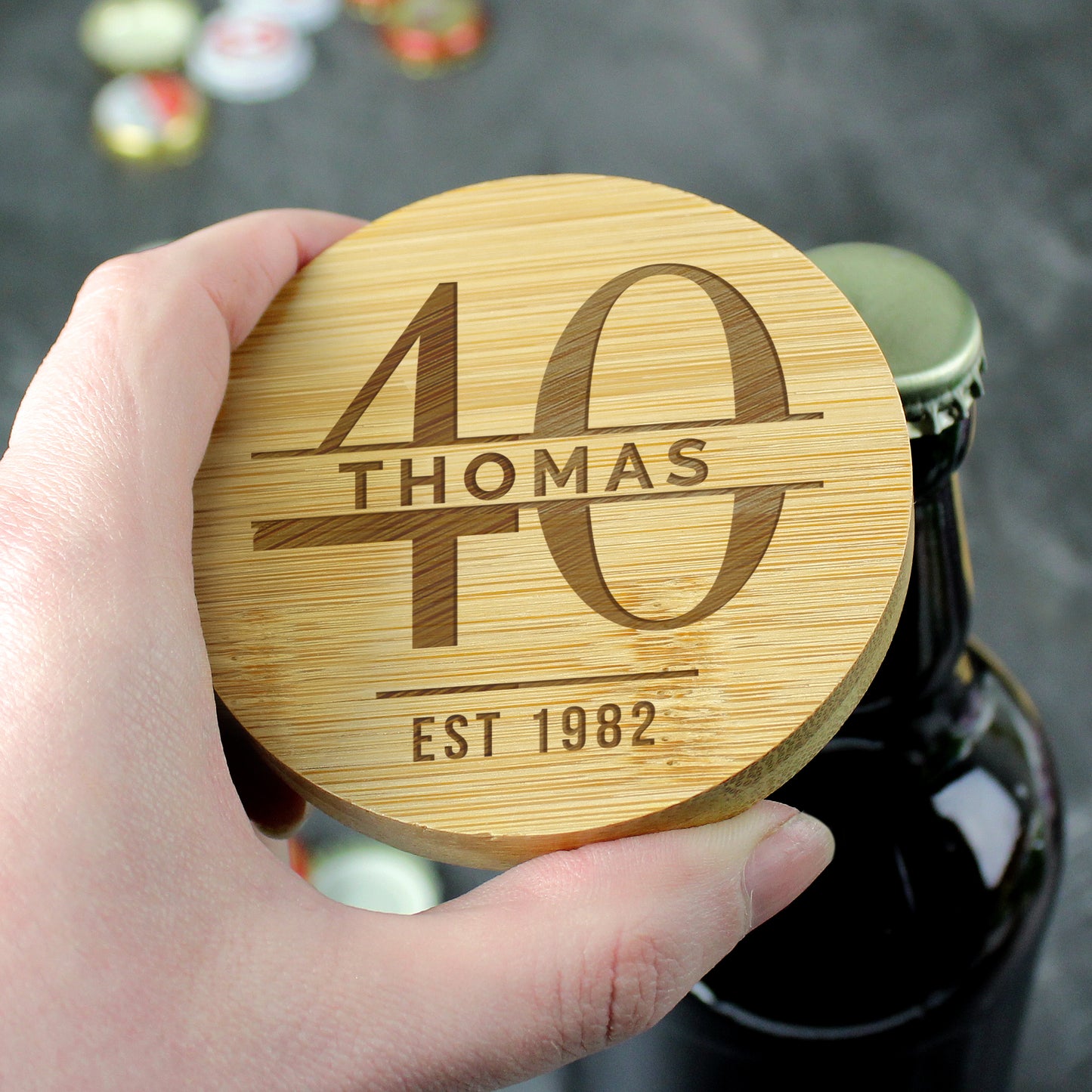 Personalised Big Age Bamboo Bottle Opener Coaster - MK&JD Gifts