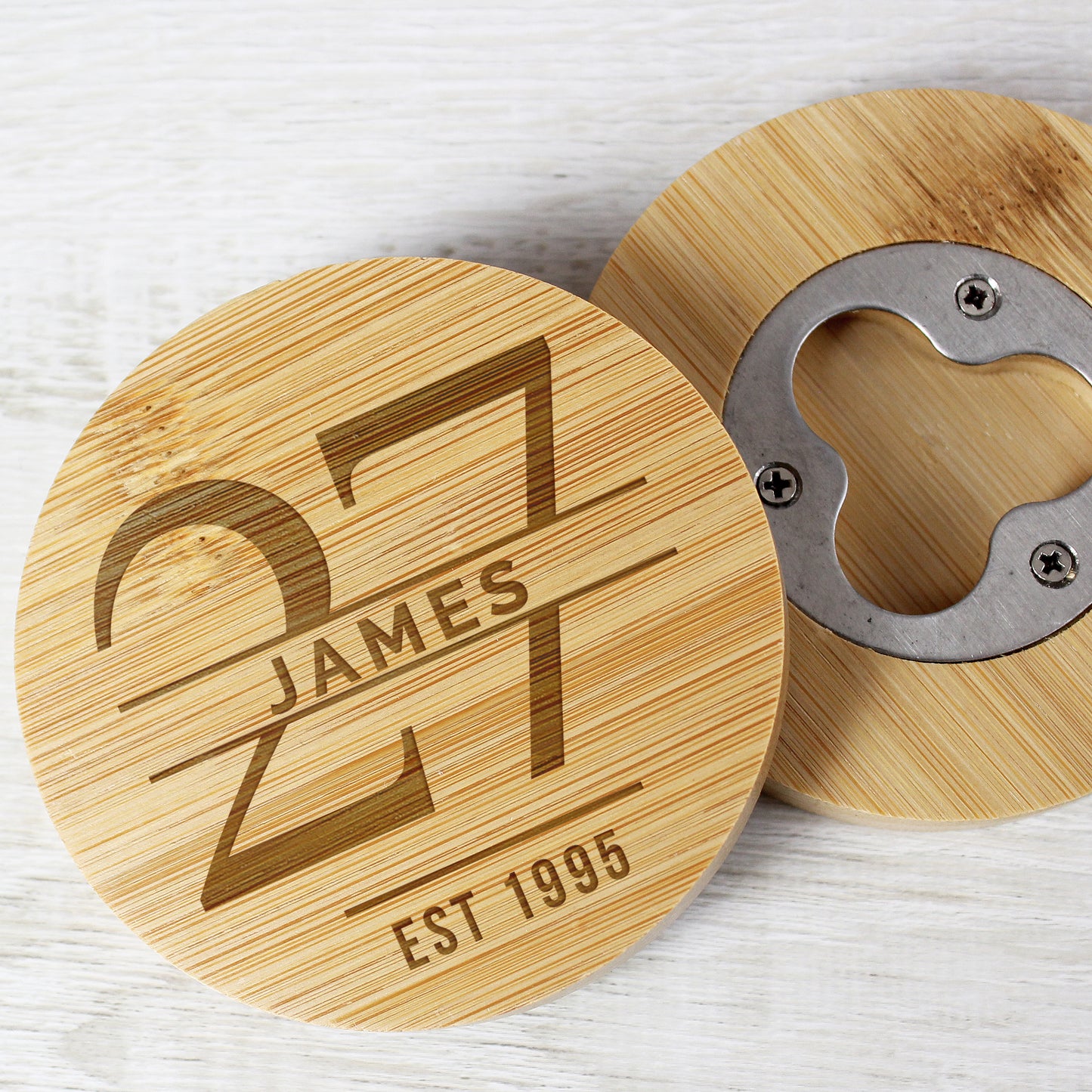 Personalised Big Age Bamboo Bottle Opener Coaster - MK&JD Gifts