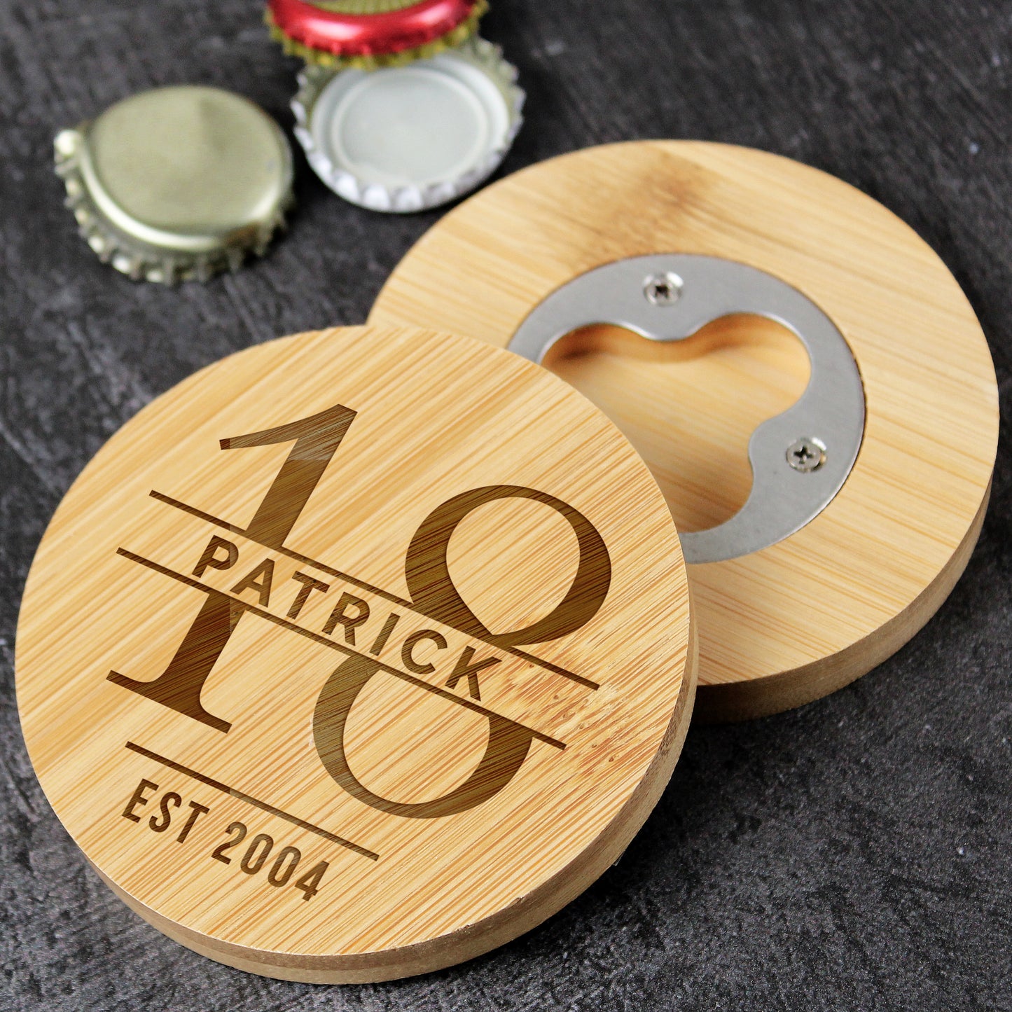 Personalised Big Age Bamboo Bottle Opener Coaster - MK&JD Gifts