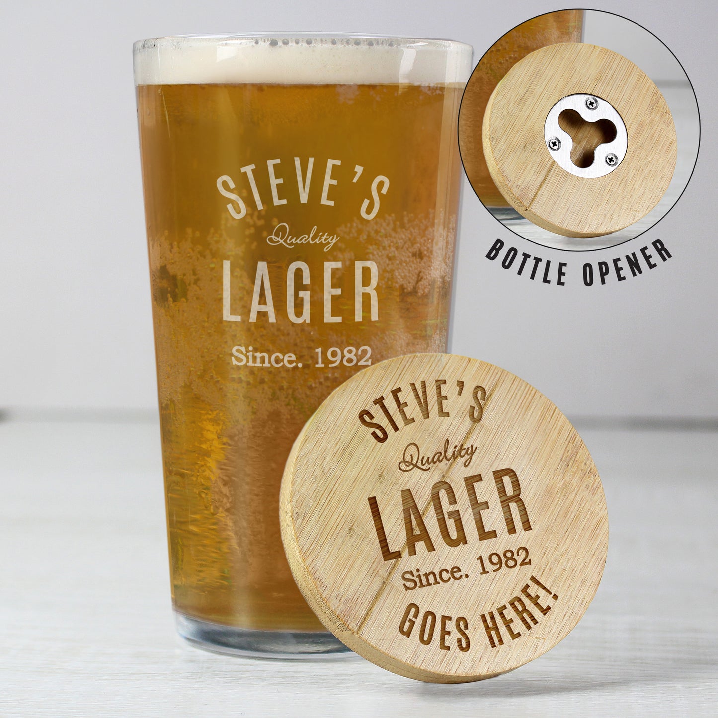 Personalised Free Text Bamboo Bottle Opener Coaster and Pint Glass - MK&JD Gifts