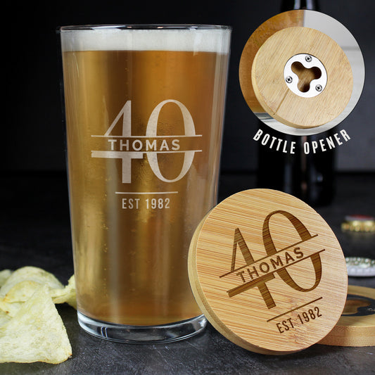 Personalised Big Age Bamboo Bottle Opener Coaster and Pint Glass Set - MK&JD Gifts