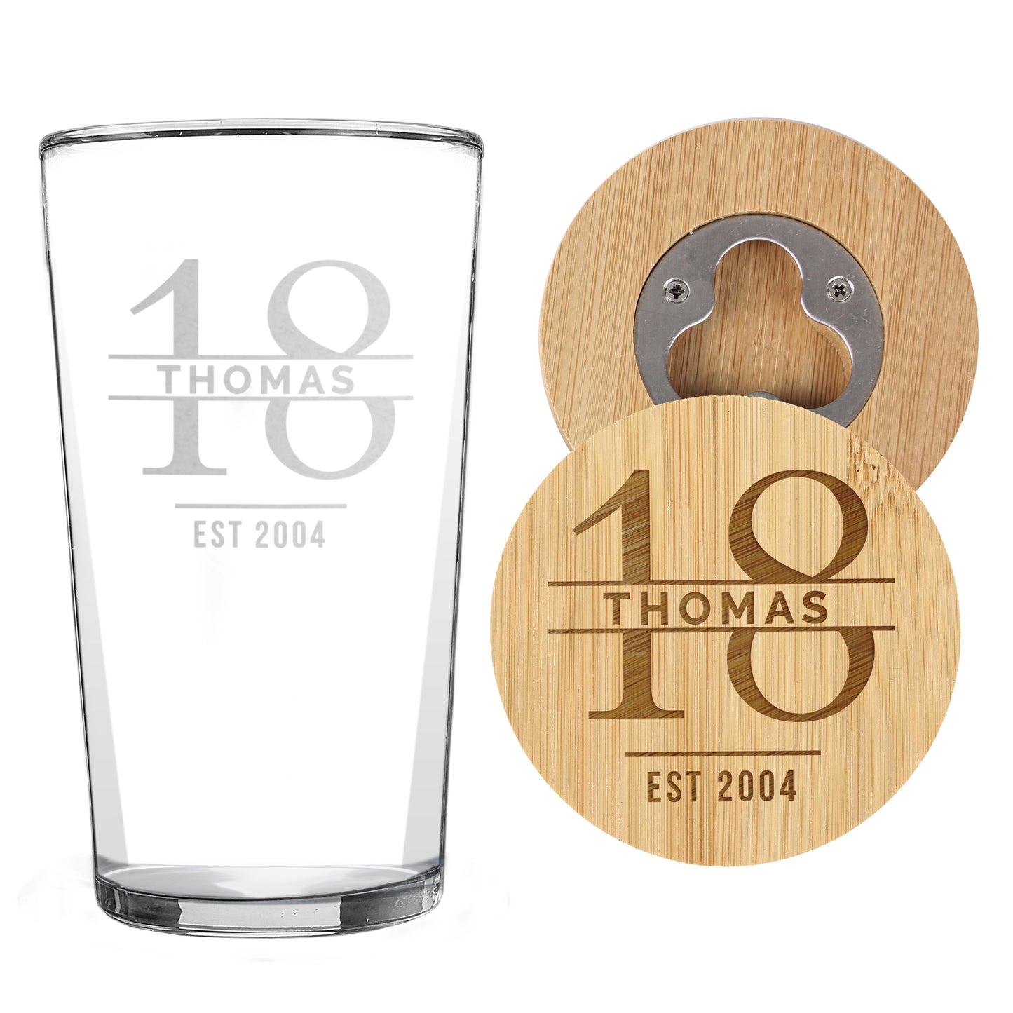 Personalised Big Age Bamboo Bottle Opener Coaster and Pint Glass Set - MK&JD Gifts