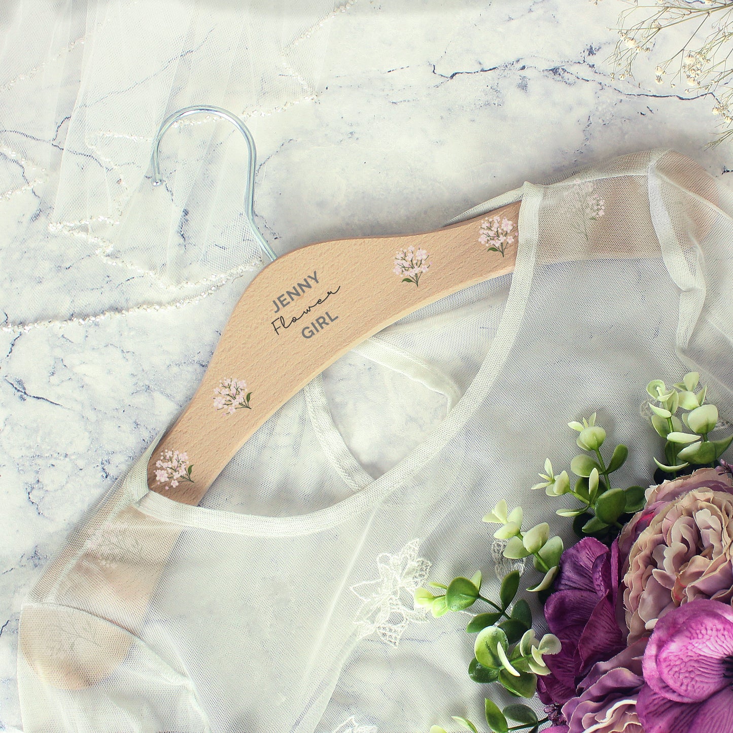 Personalised White Floral Wooden Hanger - MK&JD Gifts