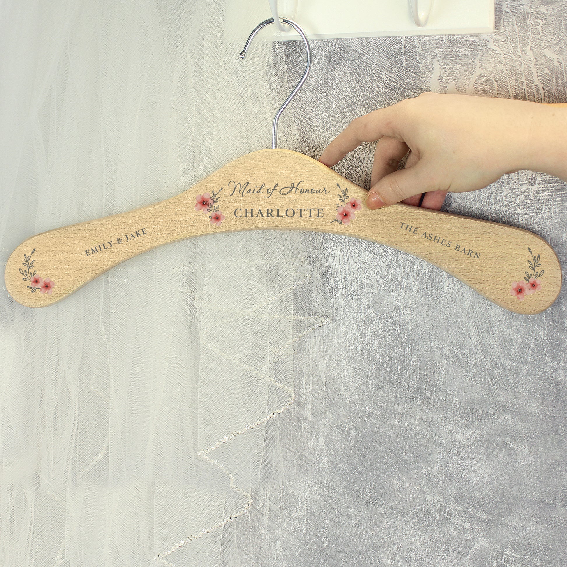Personalised Pink Floral Wooden Hanger - MK&JD Gifts