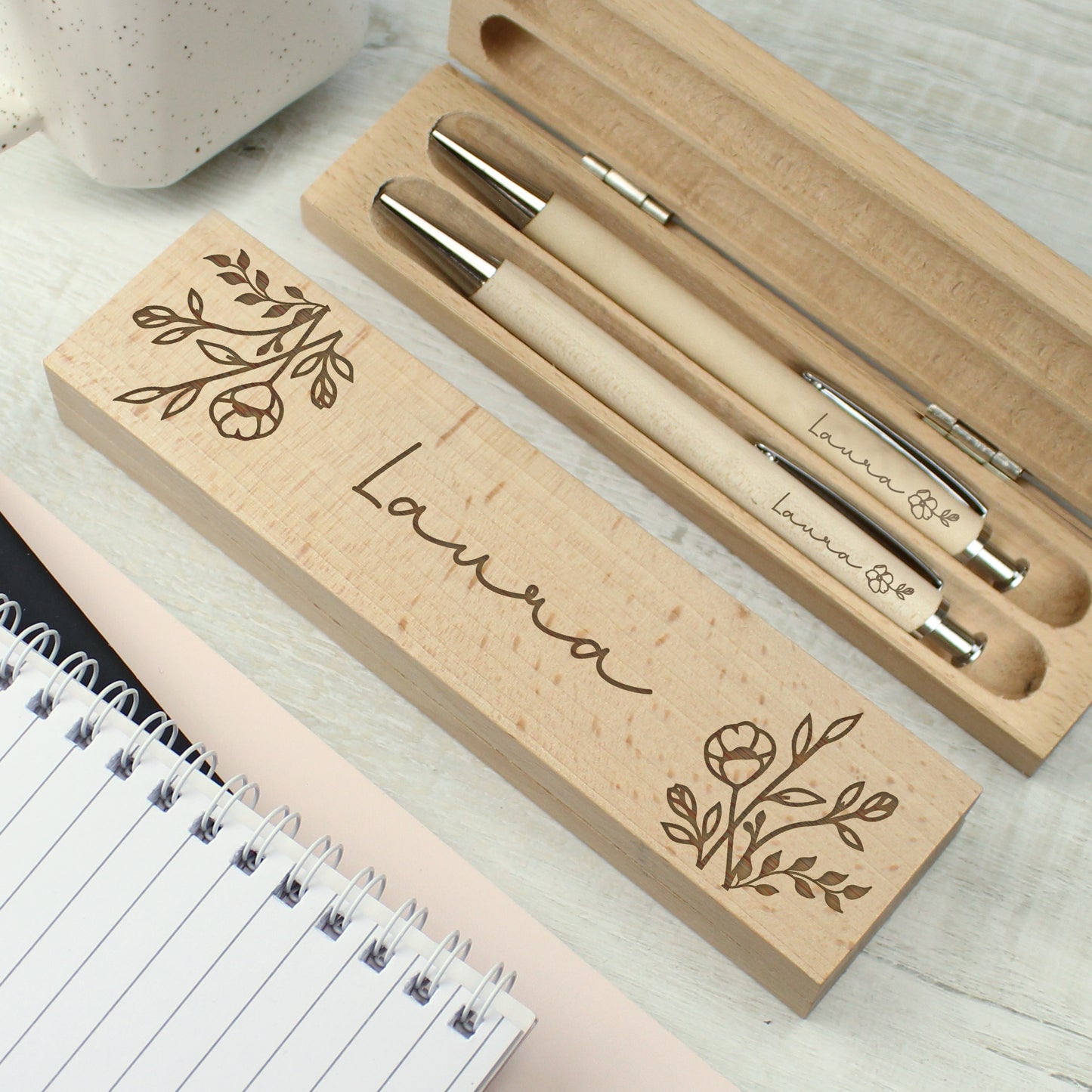 Personalised Floral Wooden Pen and Pencil Set - MK&JD Gifts