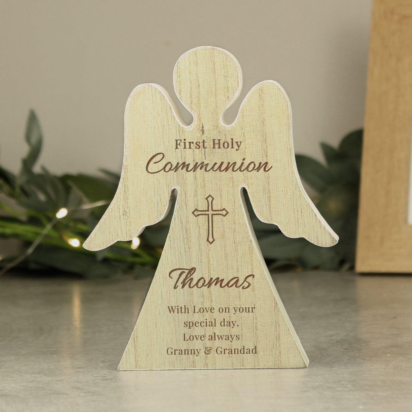 Personalised First Holy Communion Rustic Wooden Angel Decoration - MK&JD Gifts