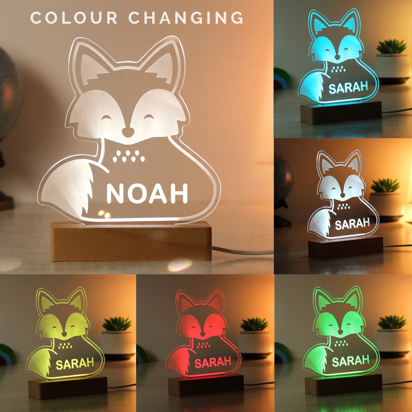 Personalised Fox Wooden Based LED Light - MK&JD Gifts