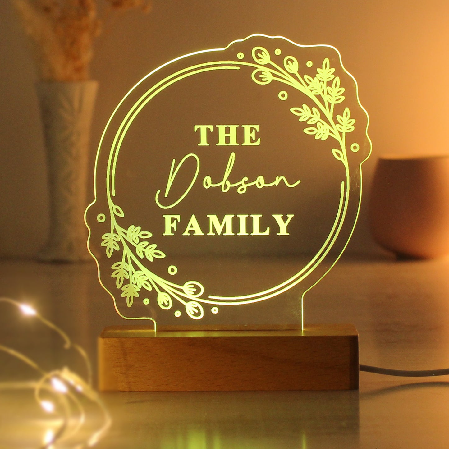 Personalised Floral Wooden Based LED Light - MK&JD Gifts