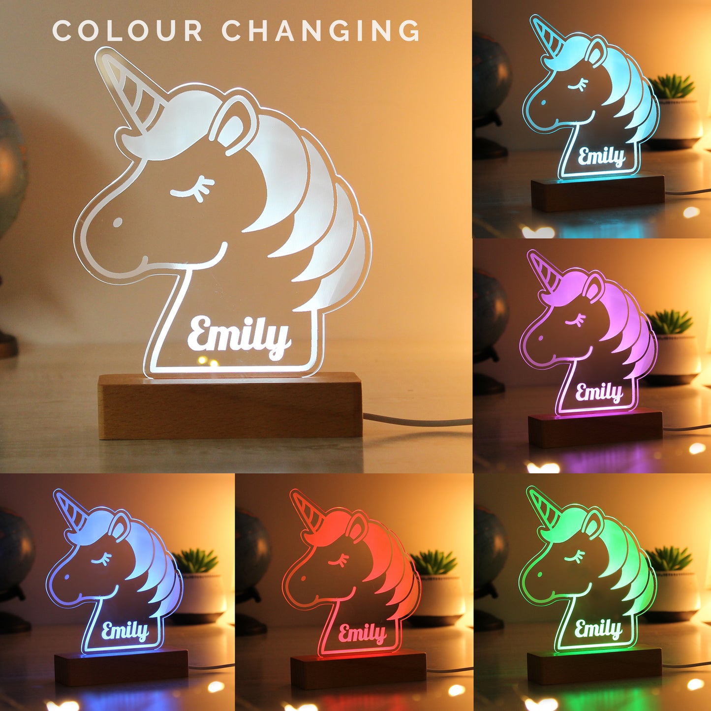 Personalised Unicorn Wooden Based LED Light - MK&JD Gifts