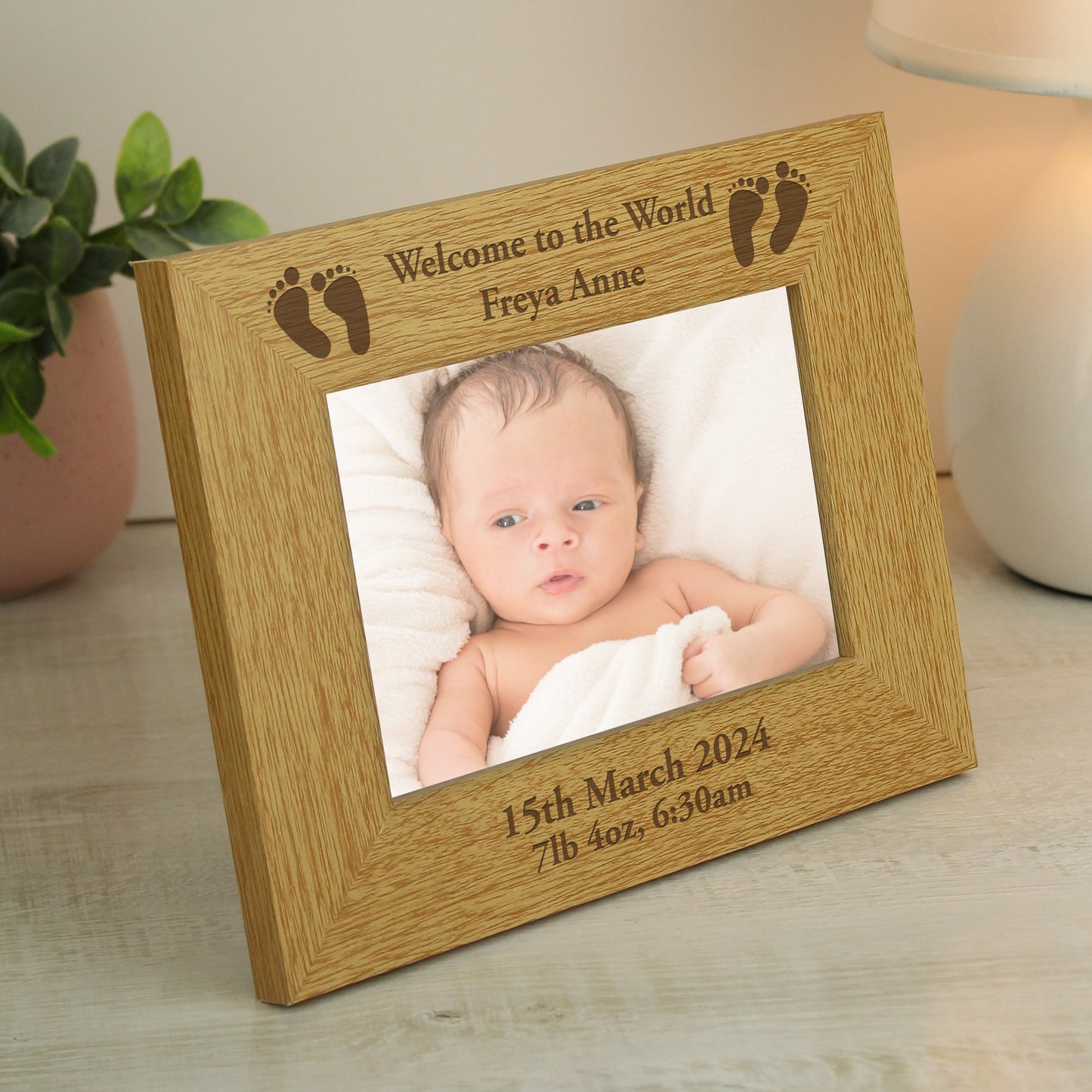 Personalised Oak Finish 6x4 Landscape Baby Footprints Photo Frame - MK&JD Gifts