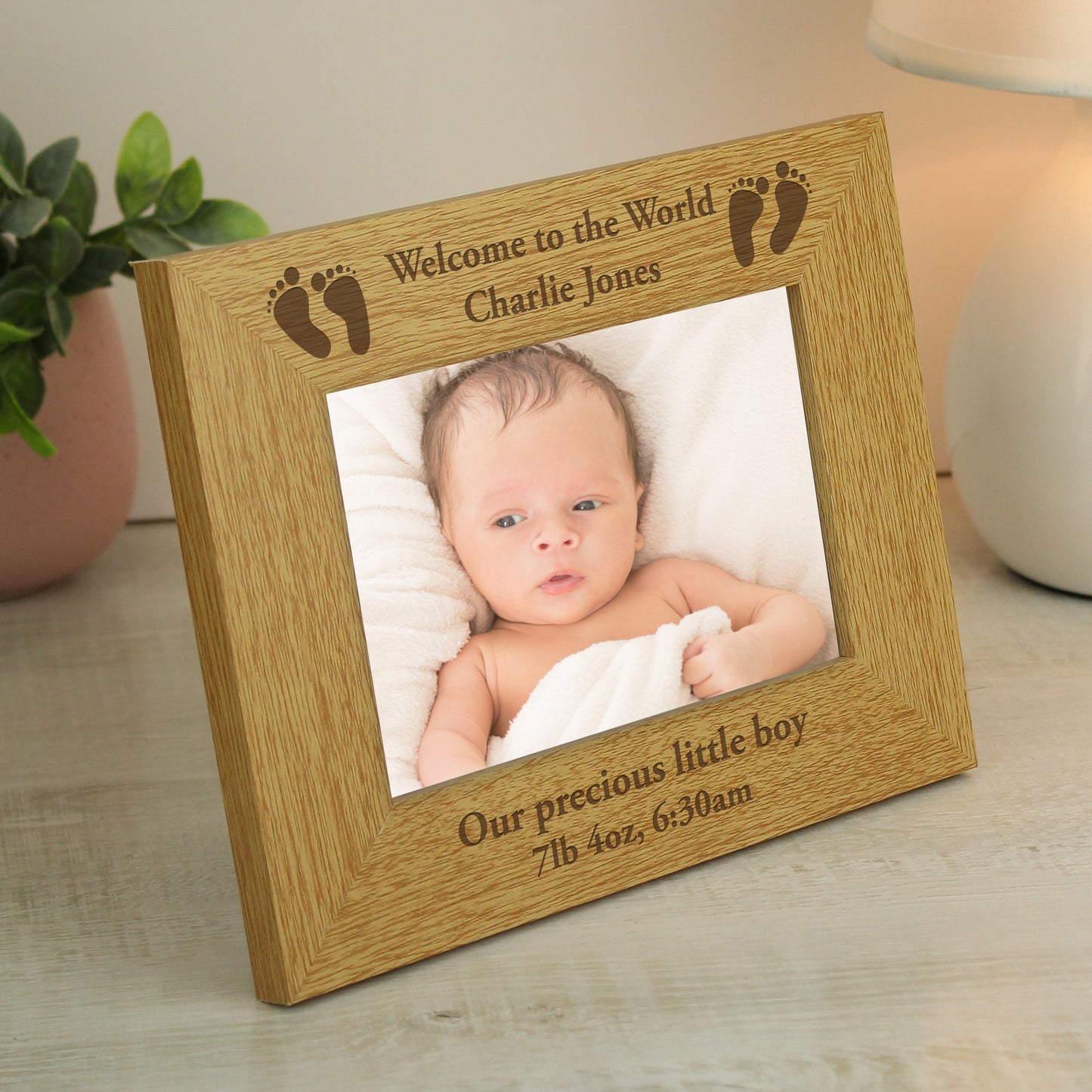 Personalised Oak Finish 6x4 Landscape Baby Footprints Photo Frame - MK&JD Gifts