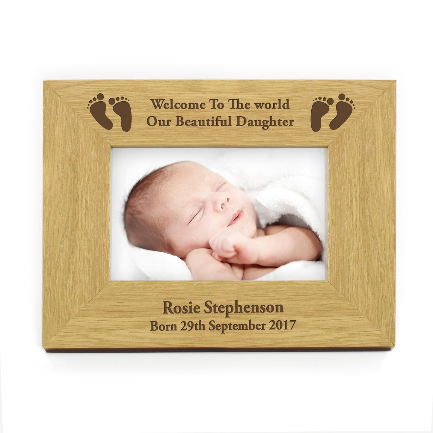 Personalised Oak Finish 6x4 Landscape Baby Footprints Photo Frame - MK&JD Gifts