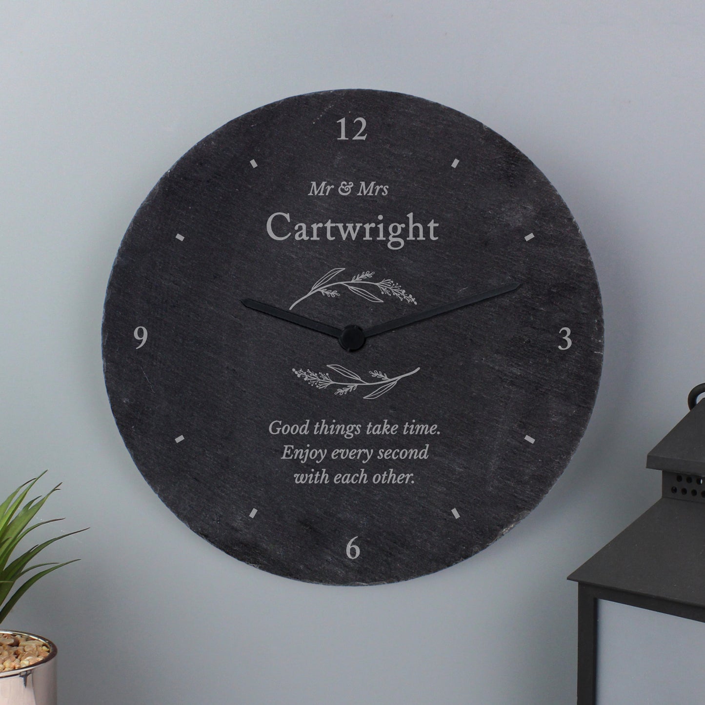 Personalised Free Text Botanical Slate Clock - MK&JD Gifts