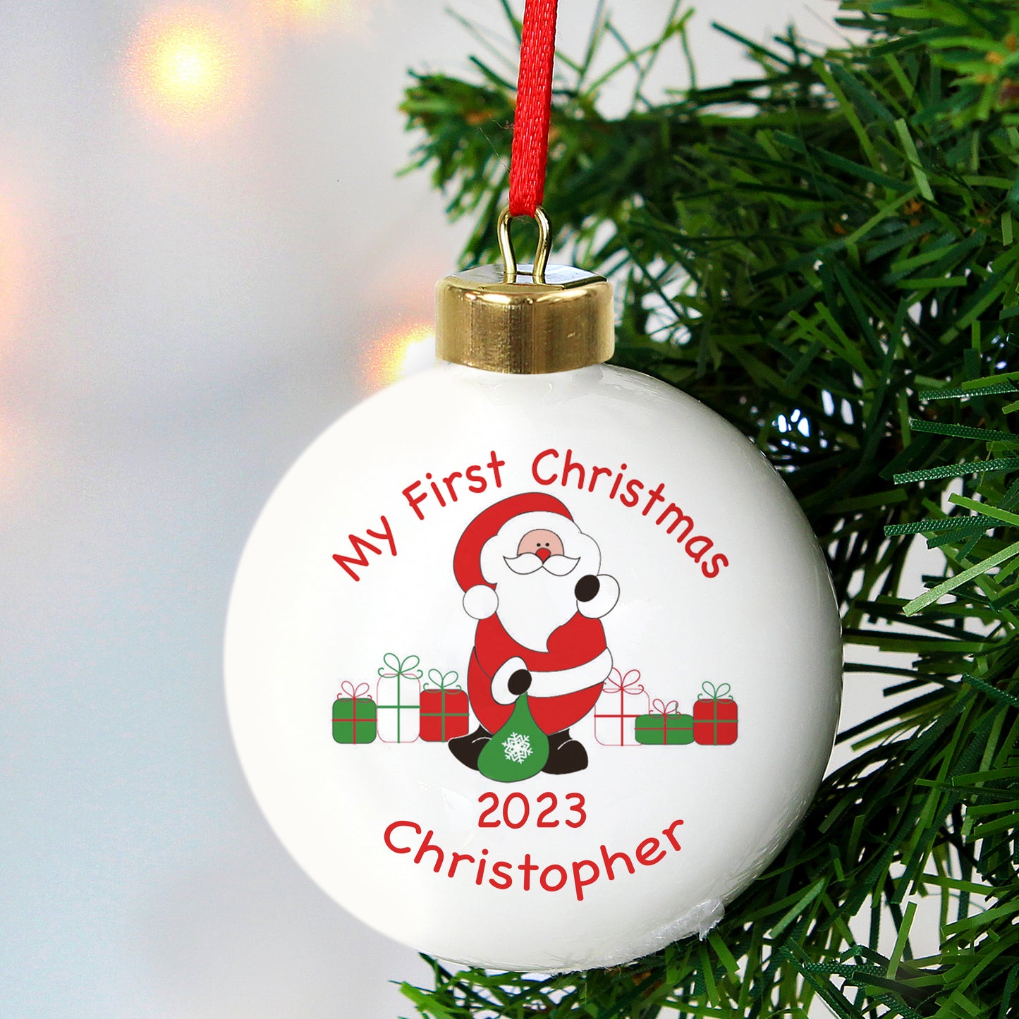 Personalised Santa with Presents Bauble - MK&JD Gifts