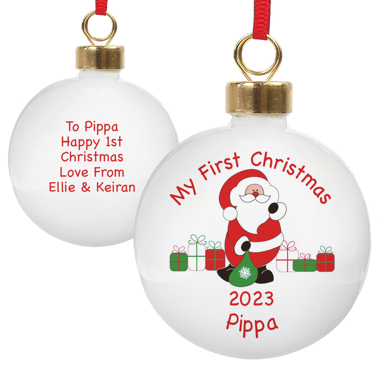 Personalised Santa with Presents Bauble - MK&JD Gifts