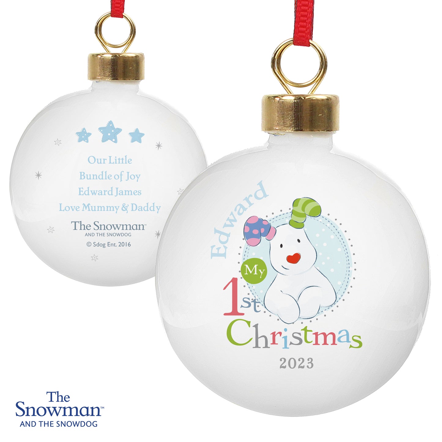 Personalised The Snowman and the Snowdog My 1st Christmas Blue Bauble - MK&JD Gifts