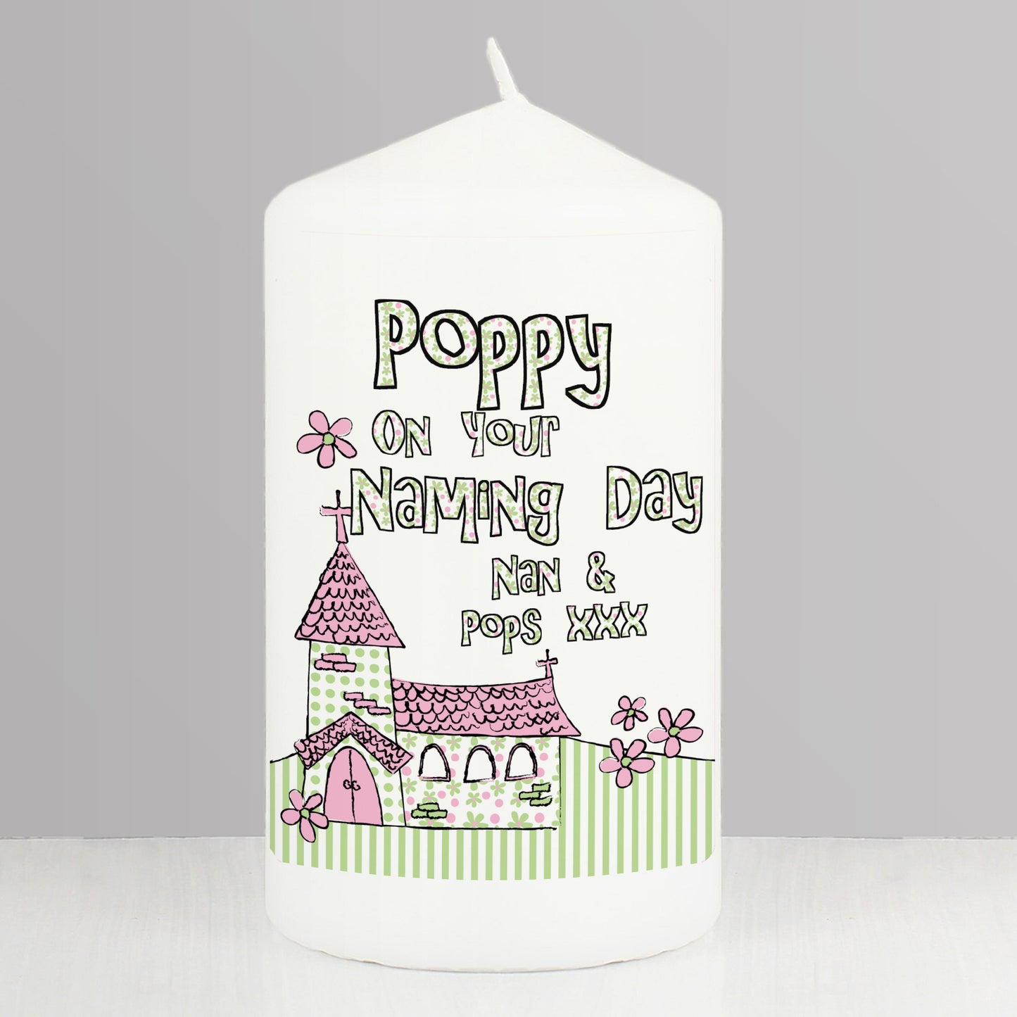 Personalised Pink Church Pillar Candle - MK&JD Gifts