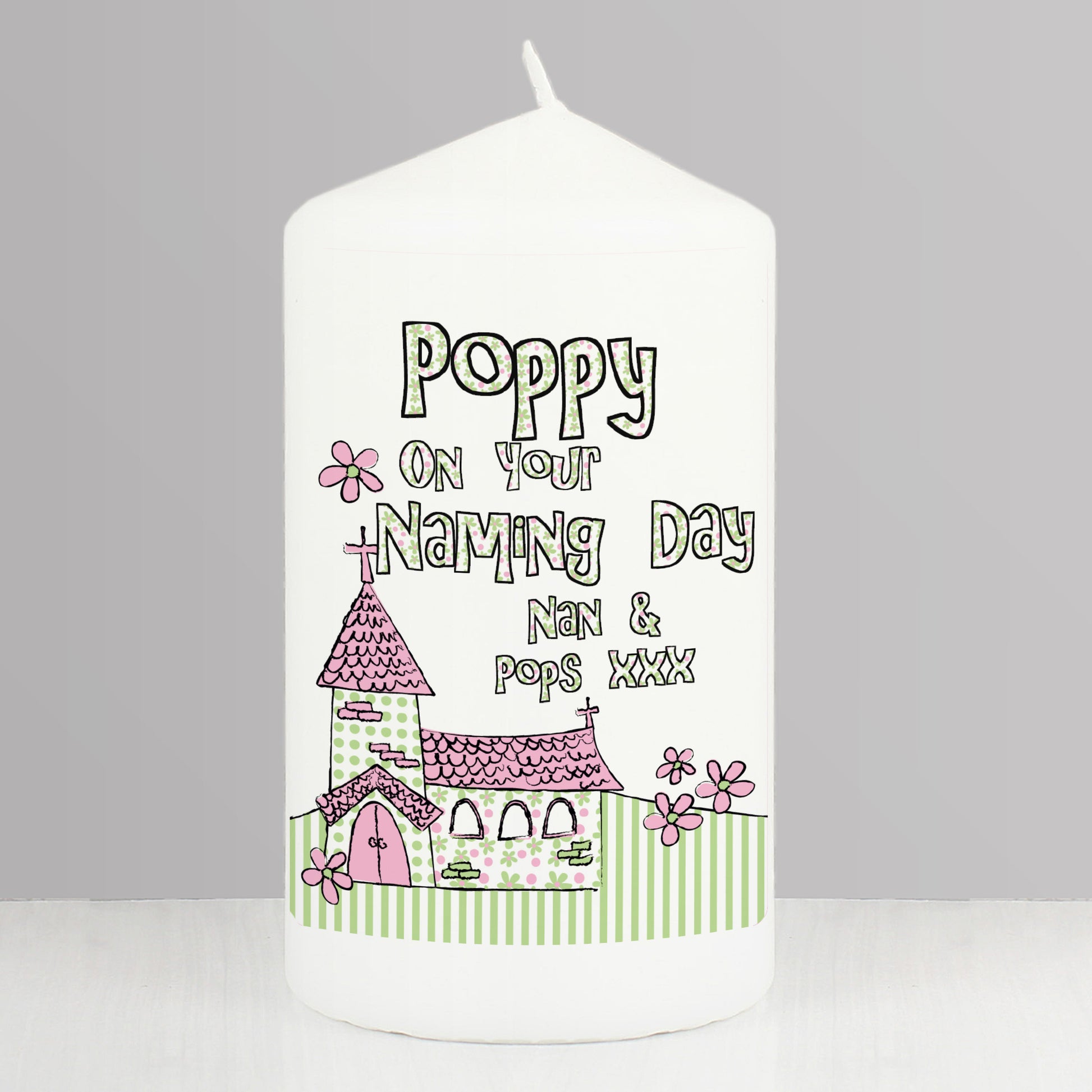 Personalised Pink Church Pillar Candle - MK&JD Gifts