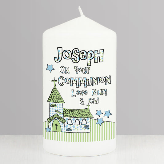 Personalised Blue Church Pillar Candle - MK&JD Gifts
