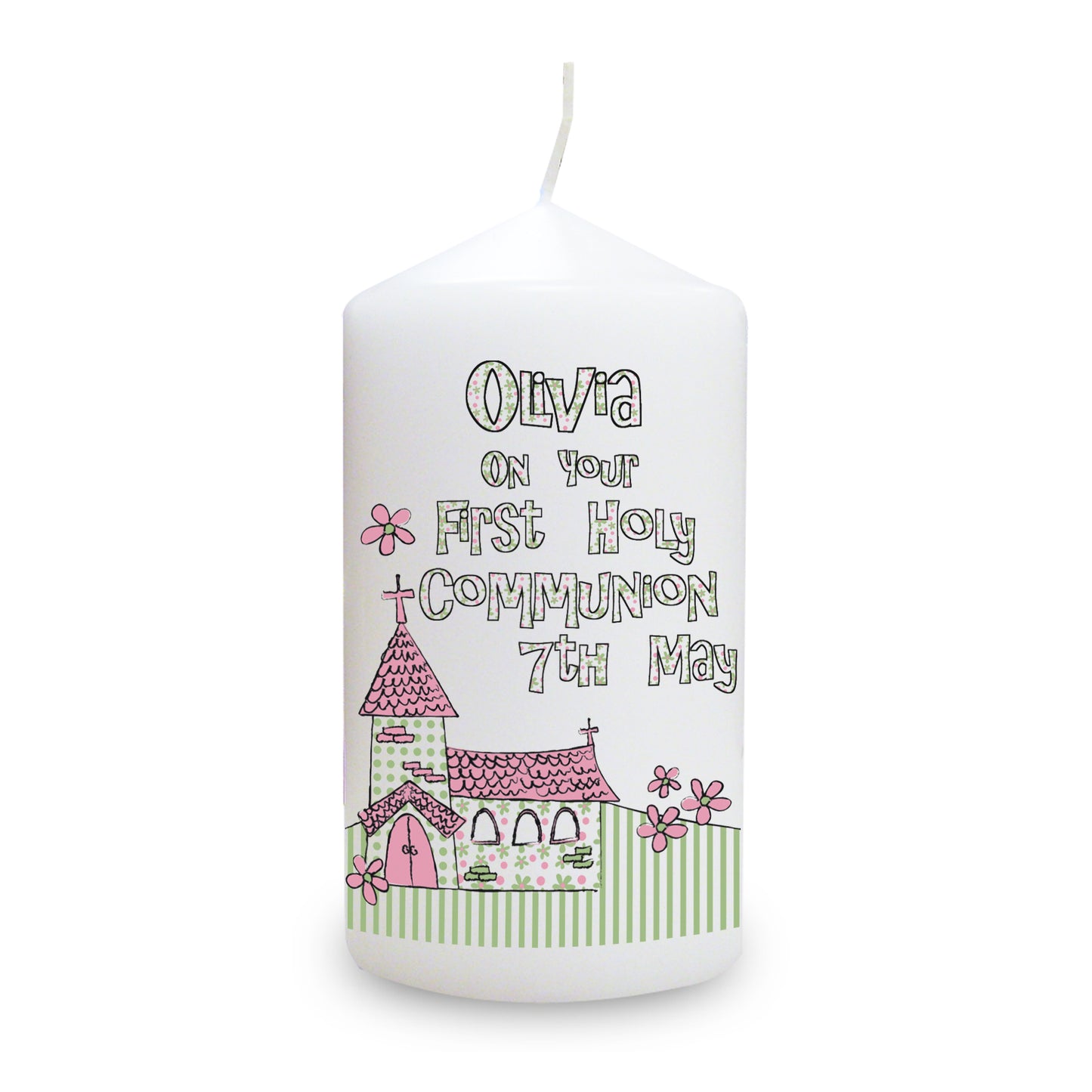 Personalised Whimsical Church Pink 1st Holy Communion Pillar Candle - MK&JD Gifts
