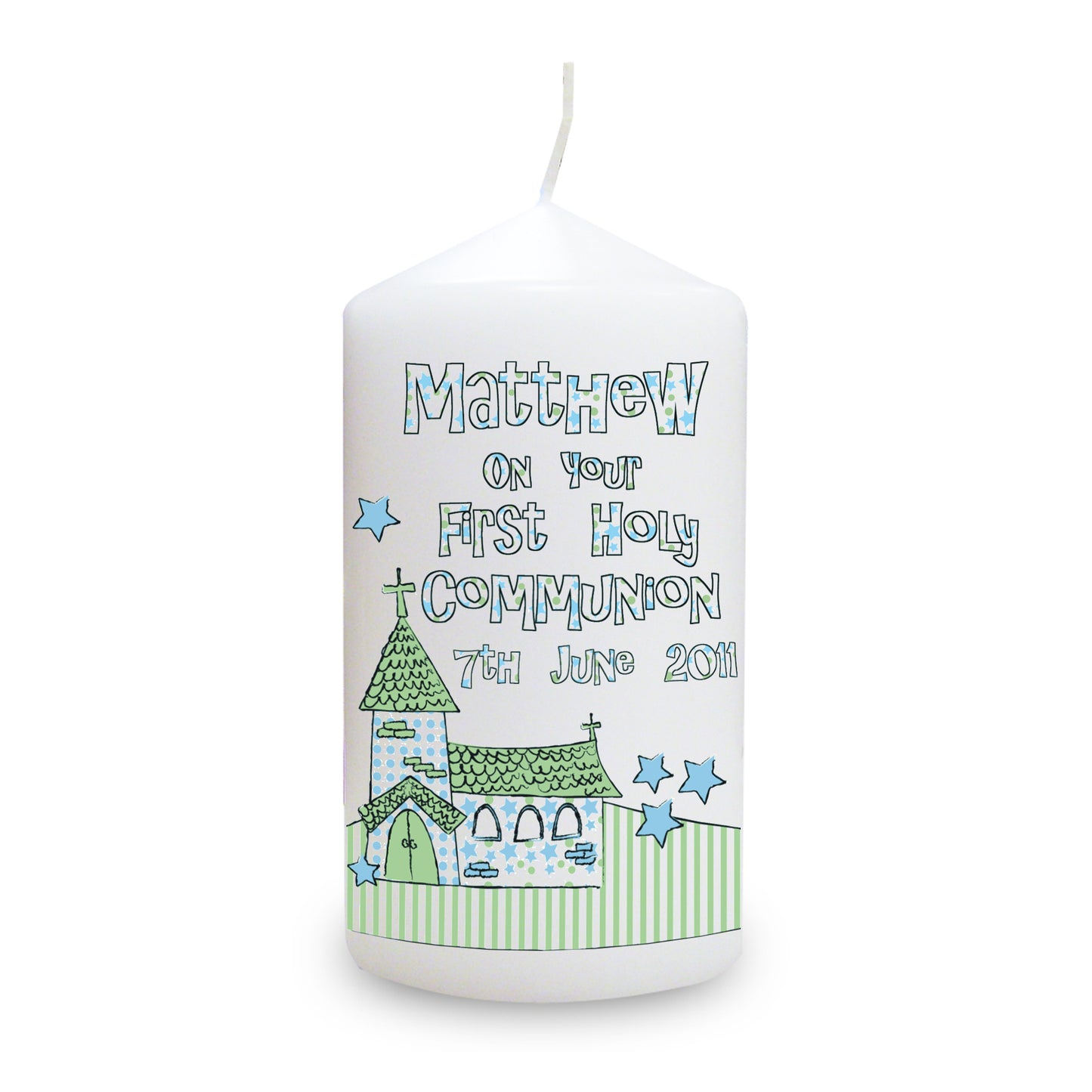 Personalised Whimsical Church Blue 1st Holy Communion Pillar Candle - MK&JD Gifts